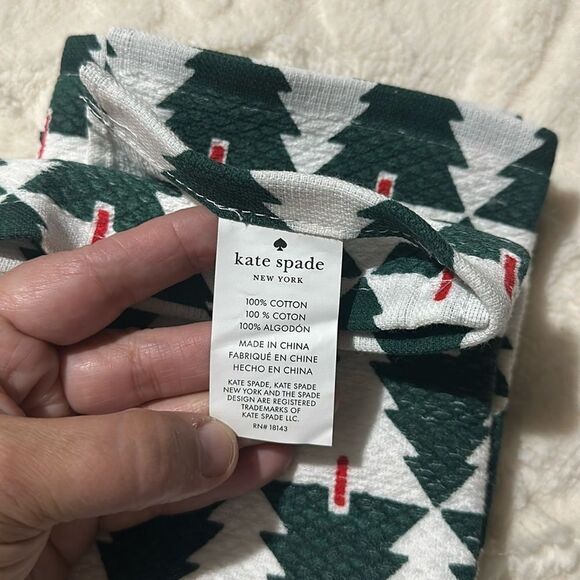 kate spade 2 Cotton White Green Red Gold Metallic Christmas Tree Kitchen Towels - Picture 5 of 8